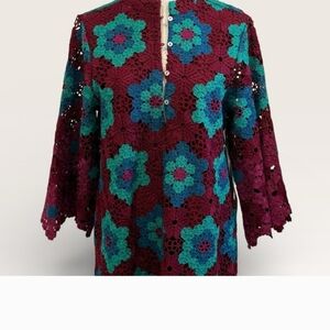 Chic Floral Crochet Blouse - Burgundy and Teal